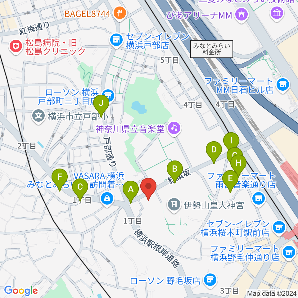 横浜市教育会館周辺のファミレス・ファーストフード一覧地図