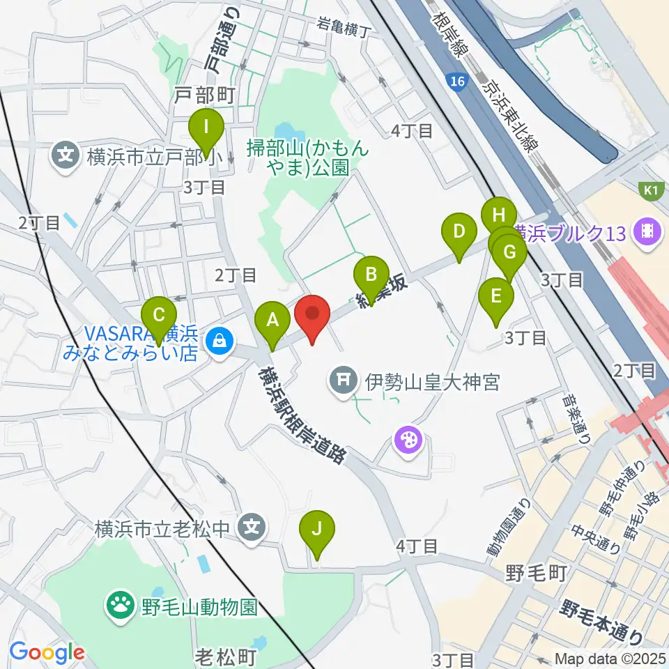 横浜市教育会館周辺のファミレス・ファーストフード一覧地図
