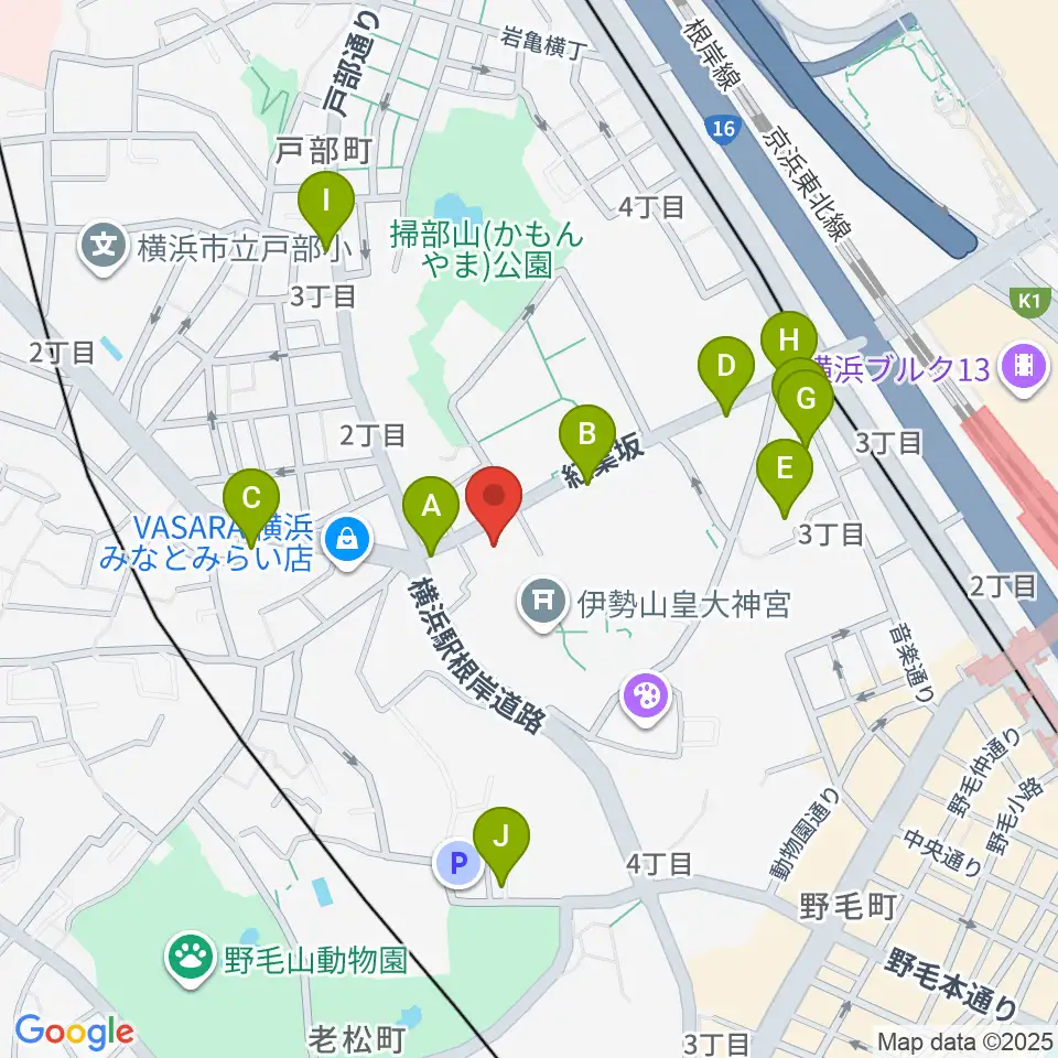 横浜市教育会館周辺のファミレス・ファーストフード一覧地図