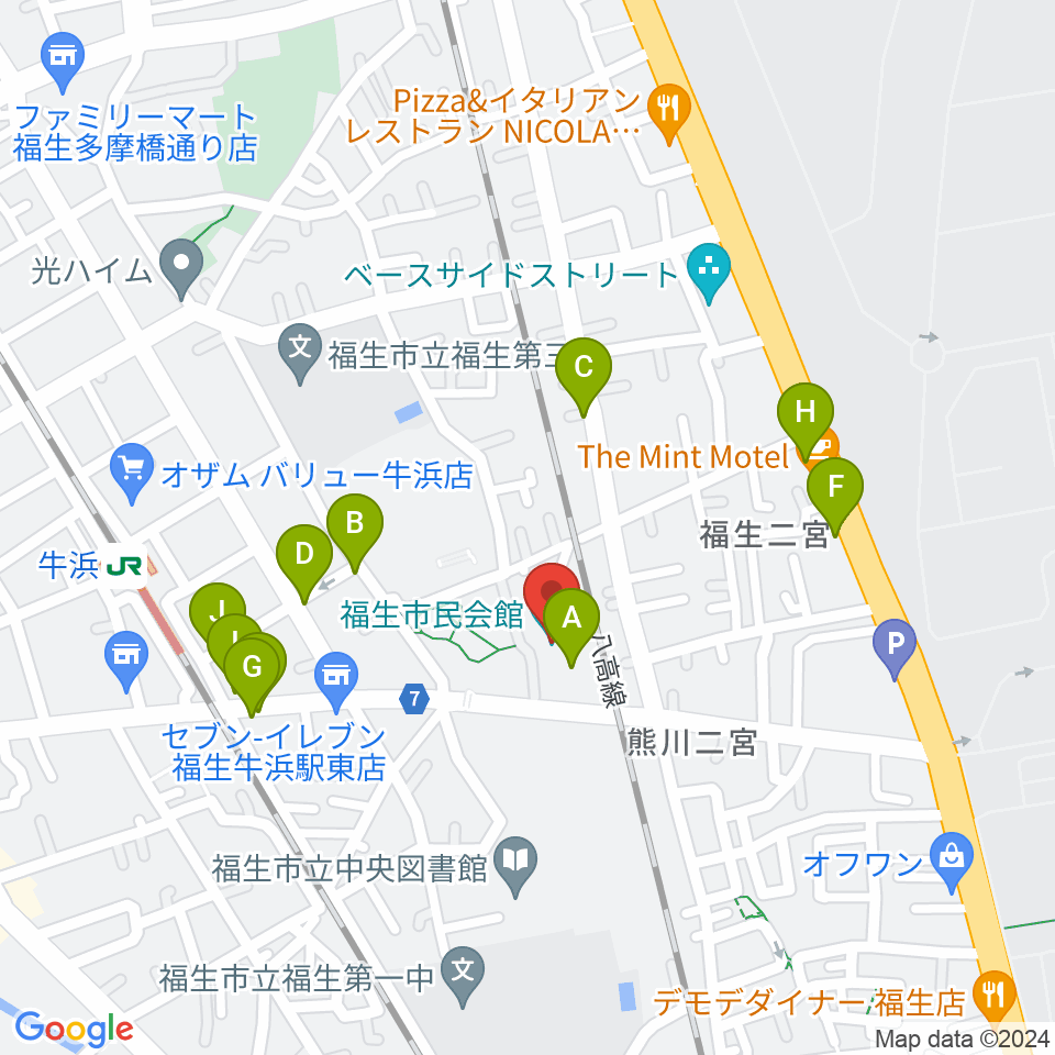 福生市民会館周辺のファミレス・ファーストフード一覧地図