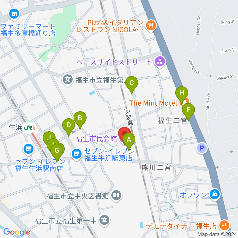 福生市民会館周辺のファミレス・ファーストフード一覧地図