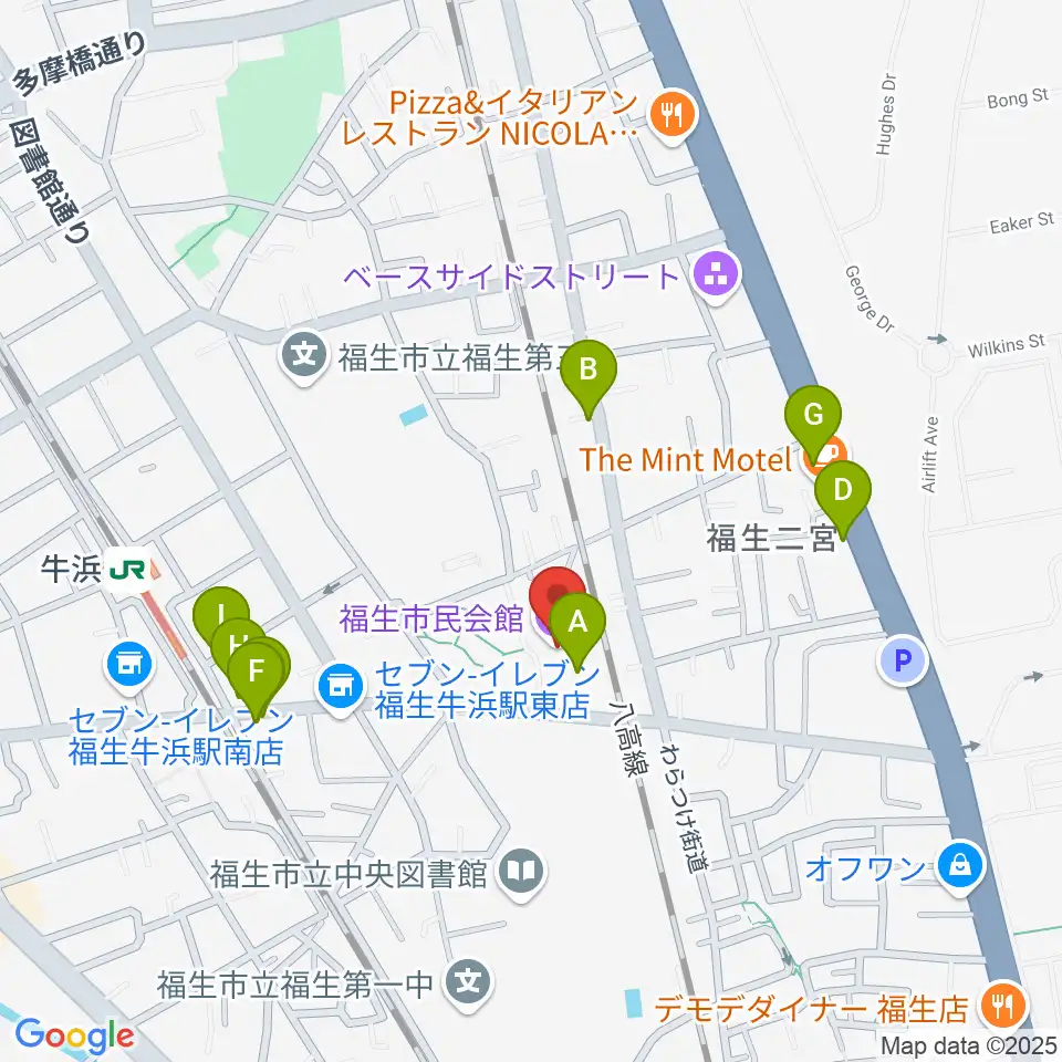福生市民会館周辺のファミレス・ファーストフード一覧地図