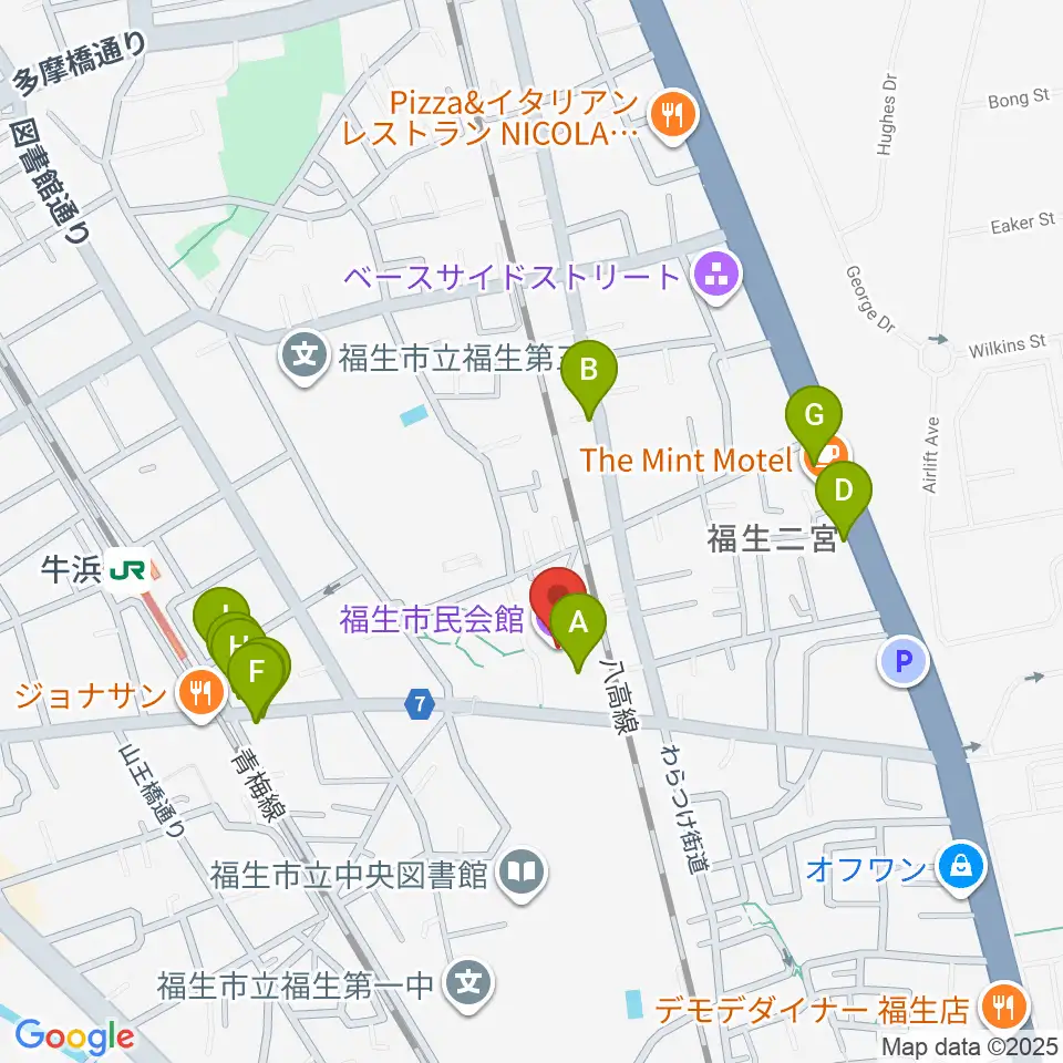 福生市民会館周辺のファミレス・ファーストフード一覧地図