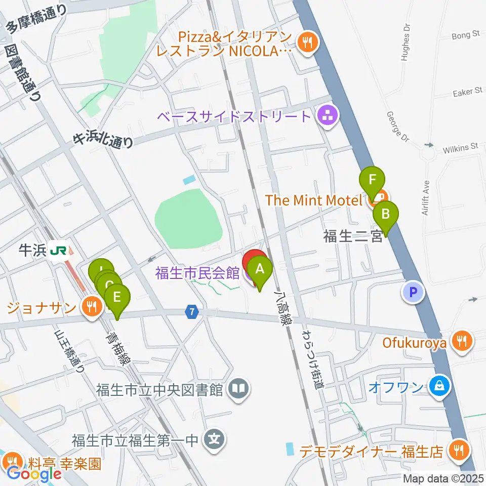 福生市民会館周辺のファミレス・ファーストフード一覧地図