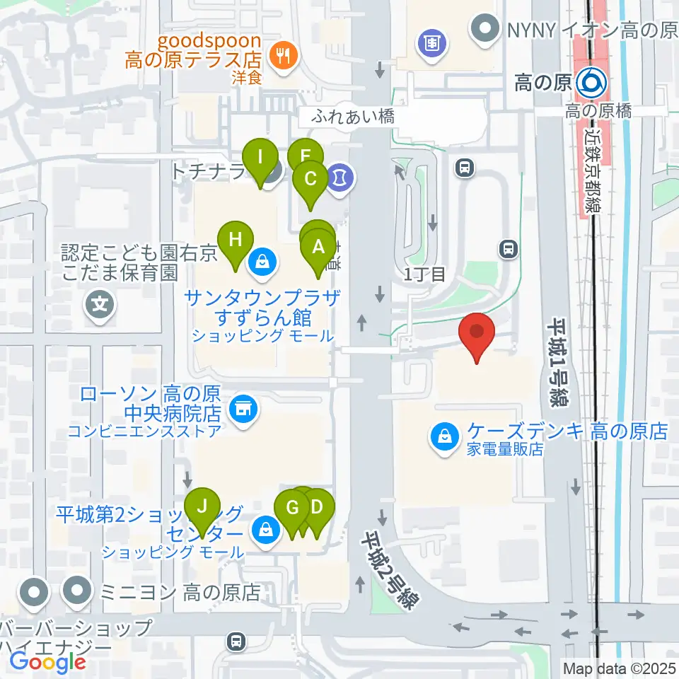 奈良市北部会館 市民文化ホール周辺のファミレス・ファーストフード一覧地図