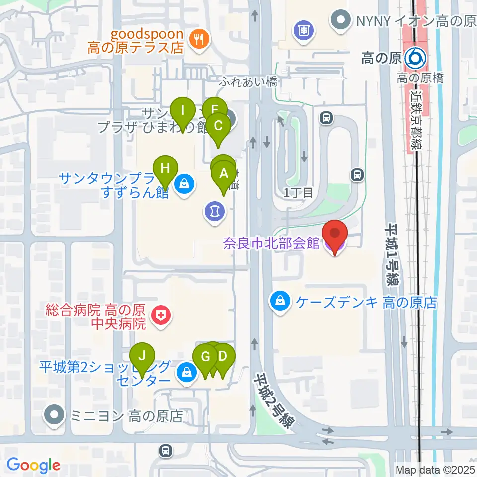 奈良市北部会館 市民文化ホール周辺のファミレス・ファーストフード一覧地図
