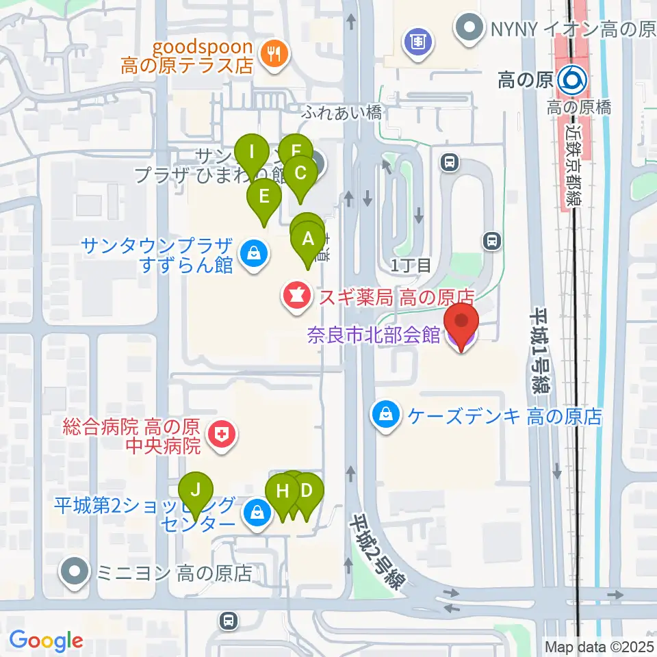 奈良市北部会館 市民文化ホール周辺のファミレス・ファーストフード一覧地図