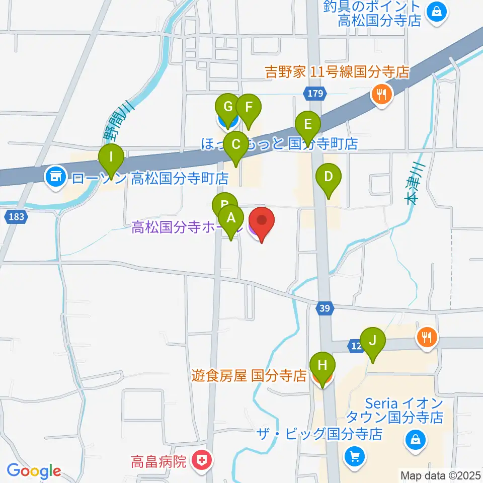 高松国分寺ホール周辺のファミレス・ファーストフード一覧地図