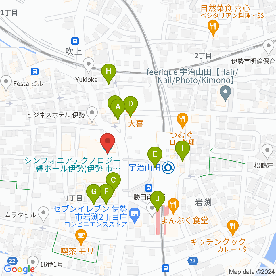 シンフォニアテクノロジー響ホール伊勢周辺のファミレス・ファーストフード一覧地図