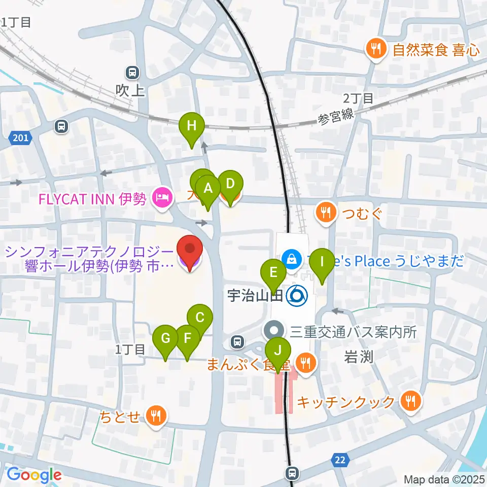 シンフォニアテクノロジー響ホール伊勢周辺のファミレス・ファーストフード一覧地図