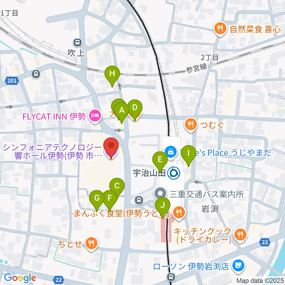 シンフォニアテクノロジー響ホール伊勢周辺のファミレス・ファーストフード一覧地図