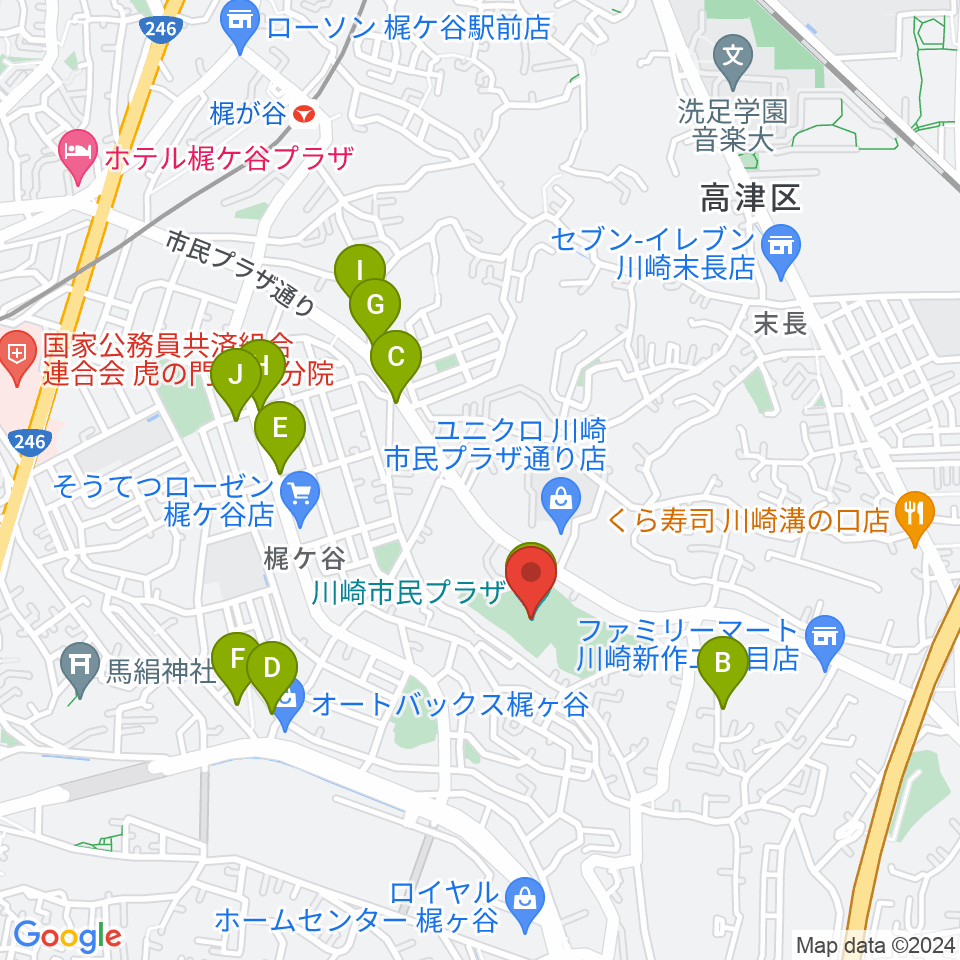 川崎市民プラザ周辺のファミレス・ファーストフード一覧地図