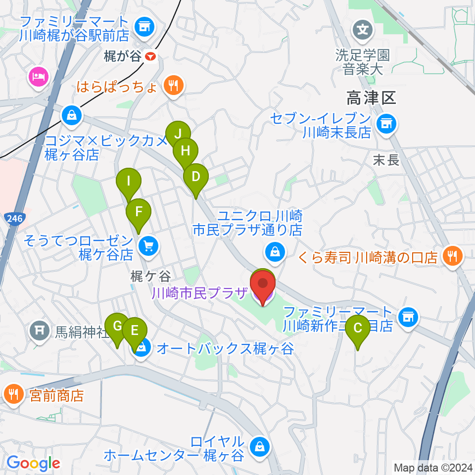 川崎市民プラザ周辺のファミレス・ファーストフード一覧地図