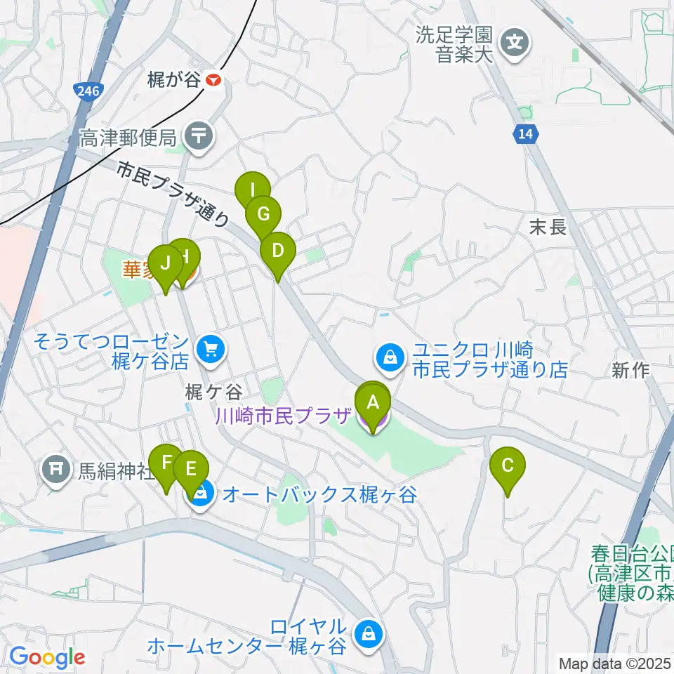 川崎市民プラザ周辺のファミレス・ファーストフード一覧地図
