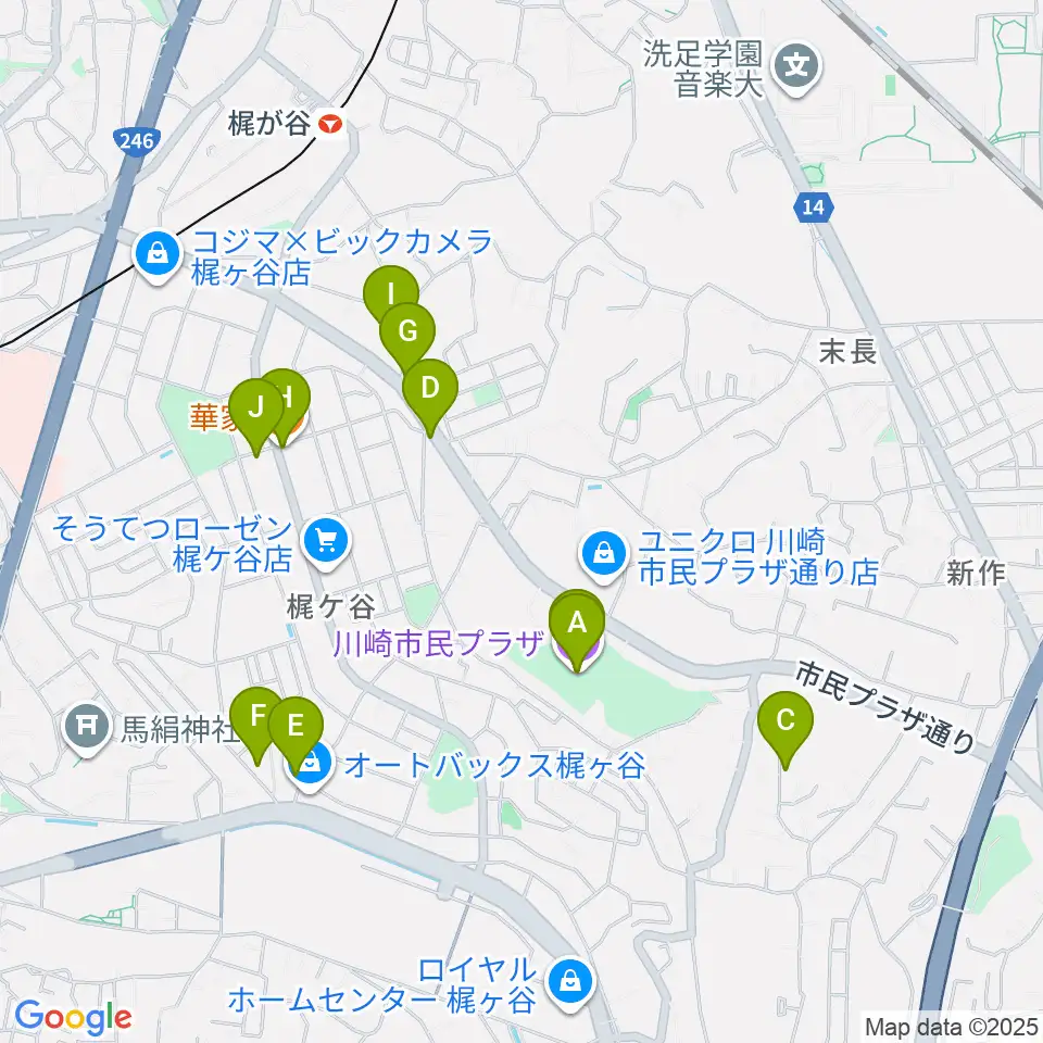 川崎市民プラザ周辺のファミレス・ファーストフード一覧地図