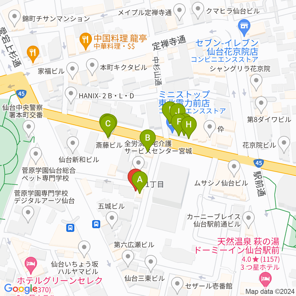 仙台スペースゼロ周辺のファミレス・ファーストフード一覧地図