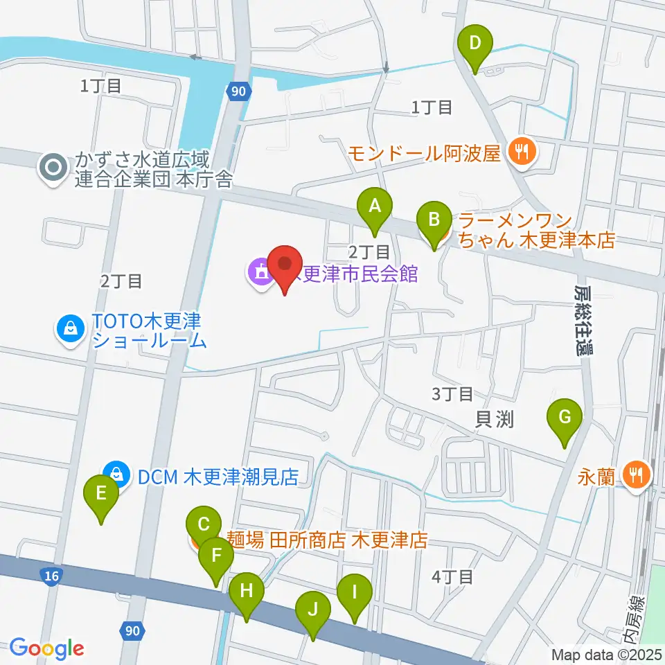 木更津市民会館周辺のファミレス・ファーストフード一覧地図
