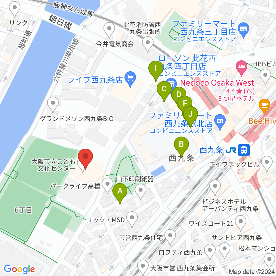 大阪市立こども文化センター周辺のファミレス・ファーストフード一覧地図