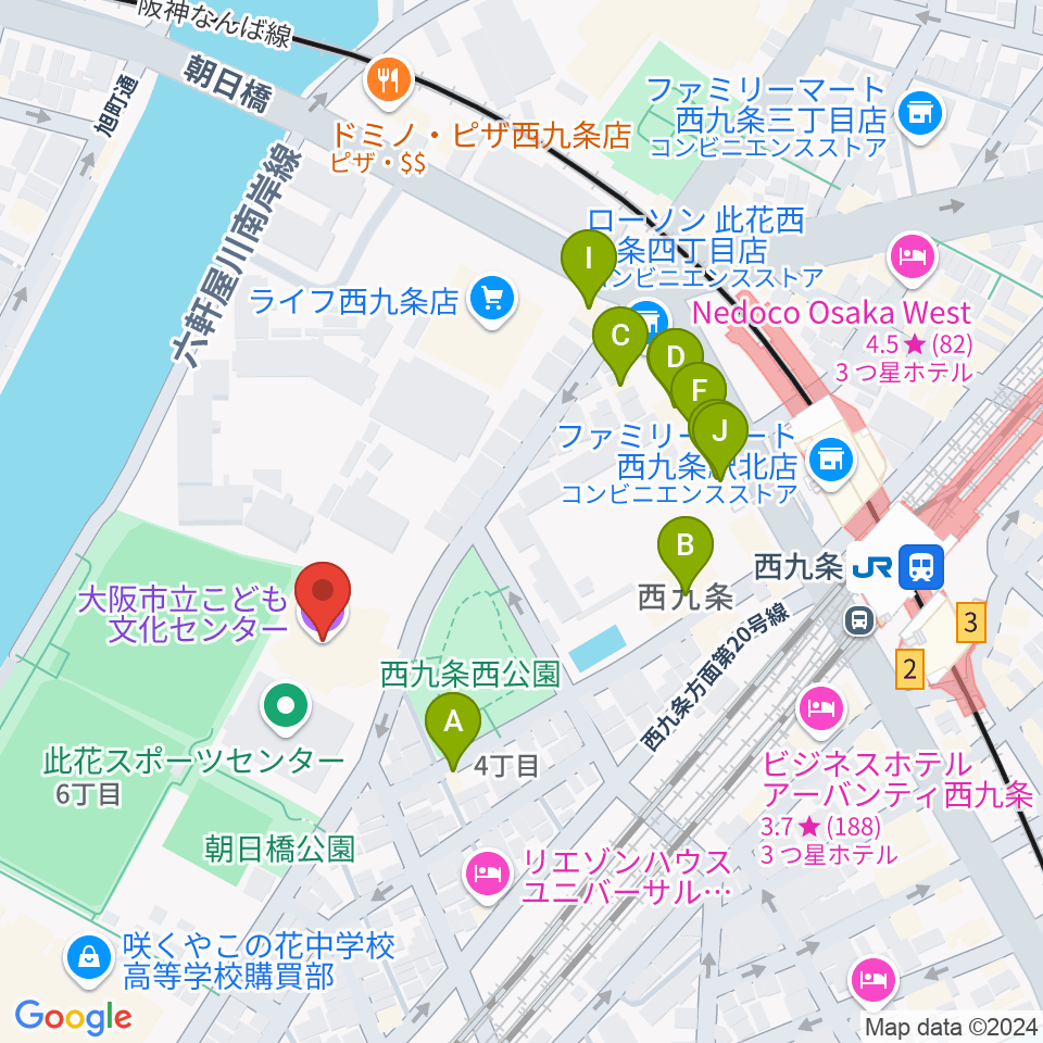 大阪市立こども文化センター周辺のファミレス・ファーストフード一覧地図