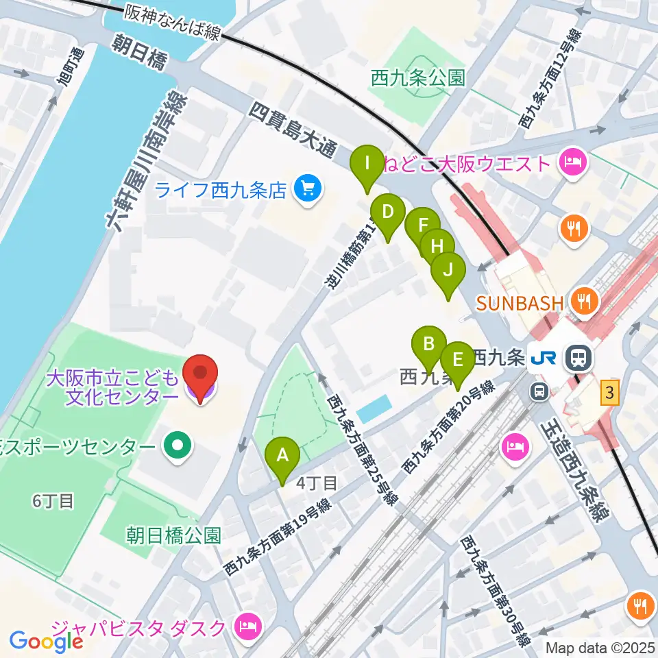 大阪市立こども文化センター周辺のファミレス・ファーストフード一覧地図