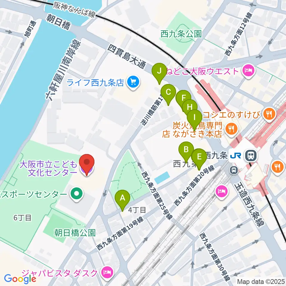 大阪市立こども文化センター周辺のファミレス・ファーストフード一覧地図