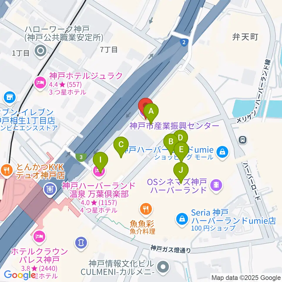 神戸市産業振興センターハーバーホール周辺のファミレス・ファーストフード一覧地図