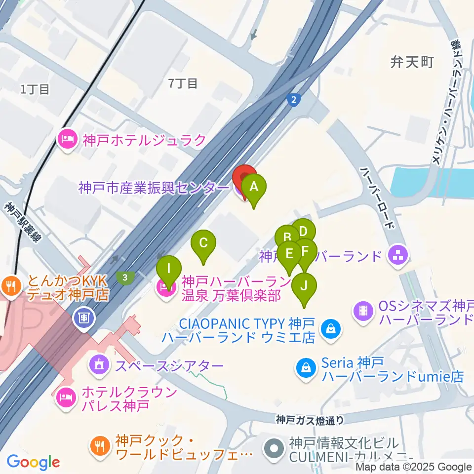 神戸市産業振興センターハーバーホール周辺のファミレス・ファーストフード一覧地図