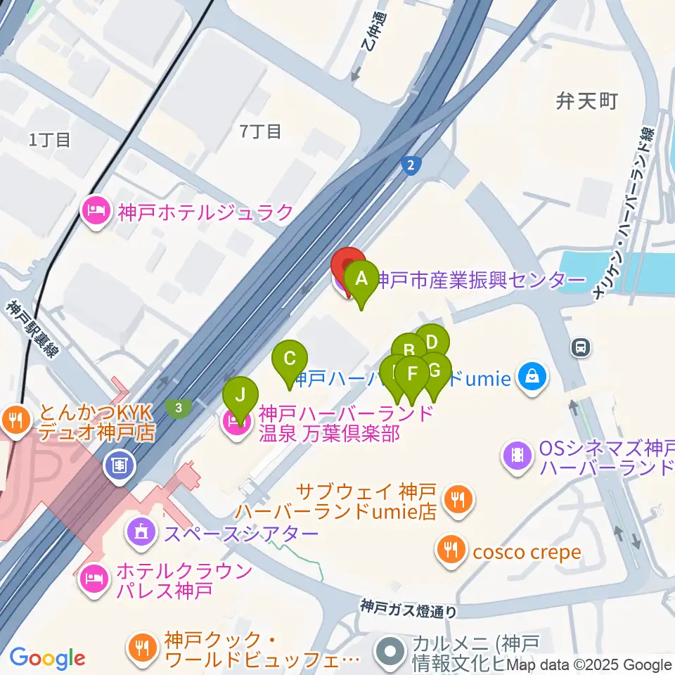 神戸市産業振興センターハーバーホール周辺のファミレス・ファーストフード一覧地図