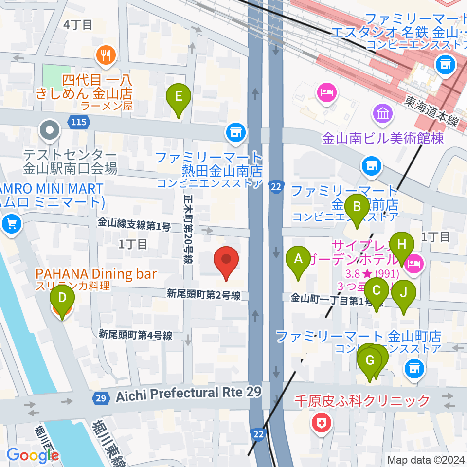 アイズミュージックアカデミー金山校周辺のファミレス・ファーストフード一覧地図