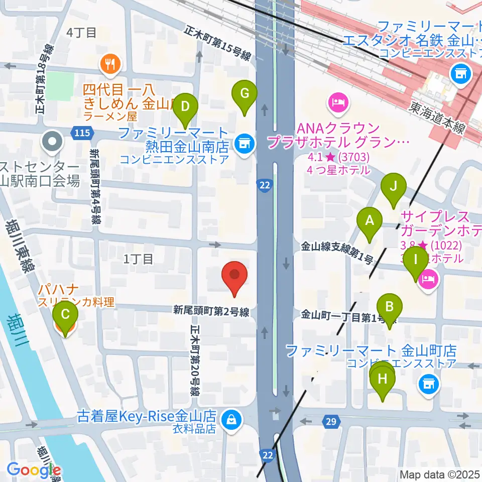 アイズミュージックアカデミー金山校周辺のファミレス・ファーストフード一覧地図