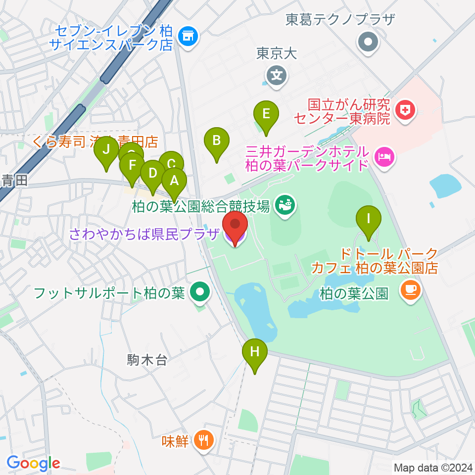 さわやかちば県民プラザ周辺のファミレス・ファーストフード一覧地図