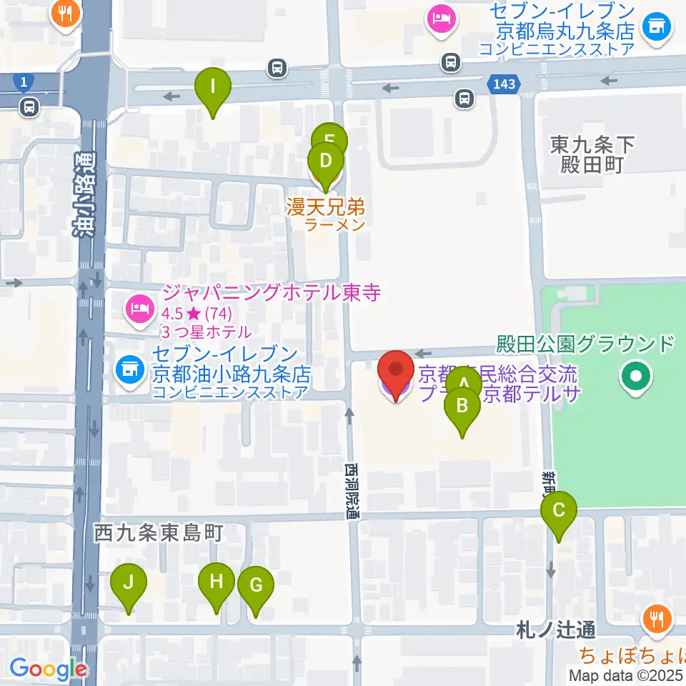 京都テルサホール周辺のファミレス・ファーストフード一覧地図