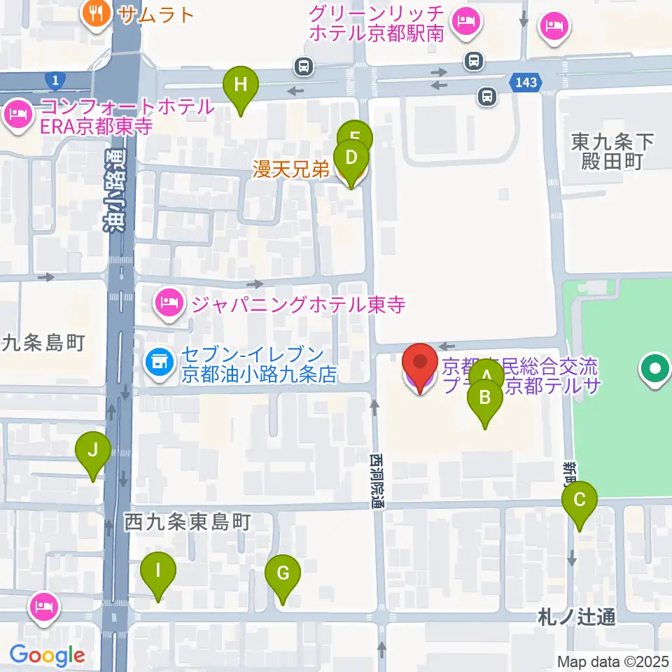 京都テルサホール周辺のファミレス・ファーストフード一覧地図