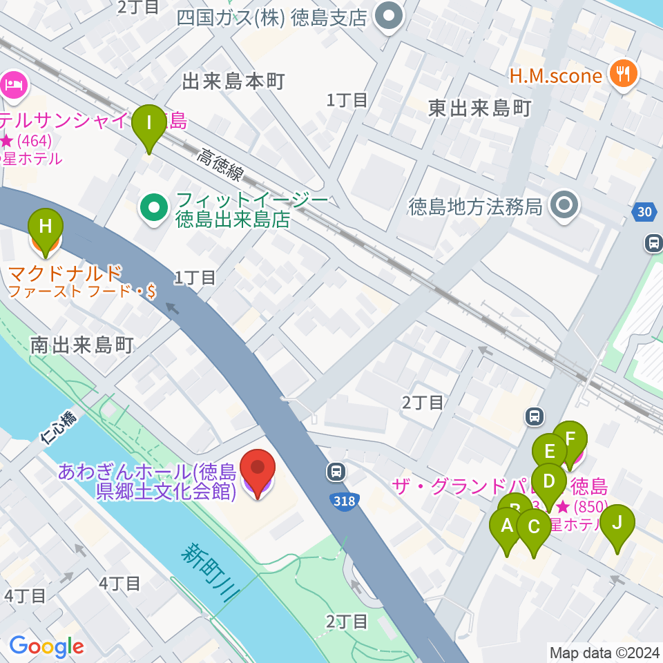 あわぎんホール周辺のファミレス・ファーストフード一覧地図