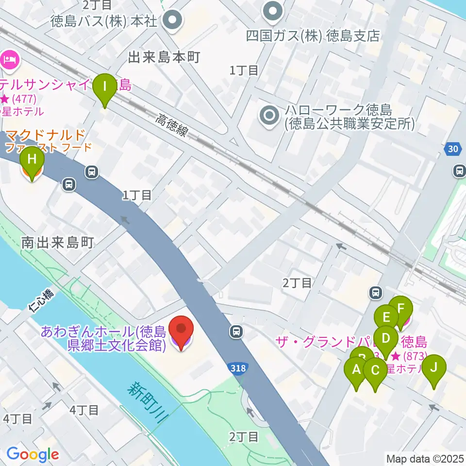 あわぎんホール周辺のファミレス・ファーストフード一覧地図