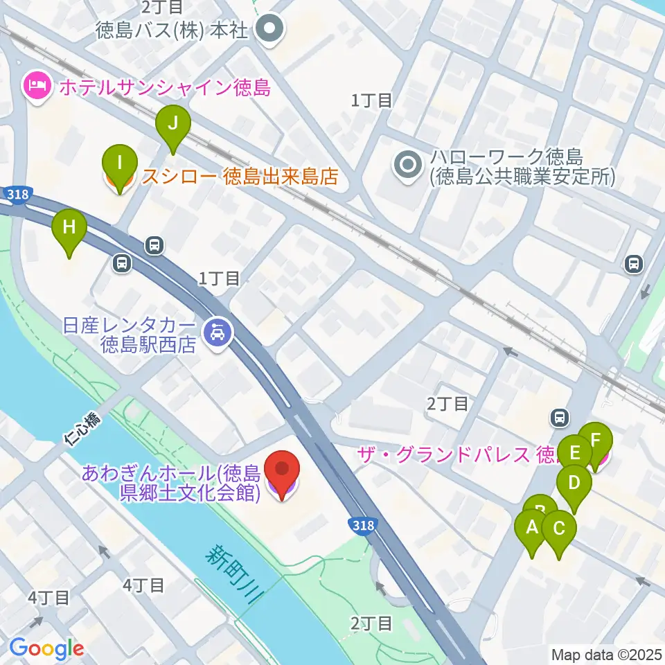 あわぎんホール周辺のファミレス・ファーストフード一覧地図