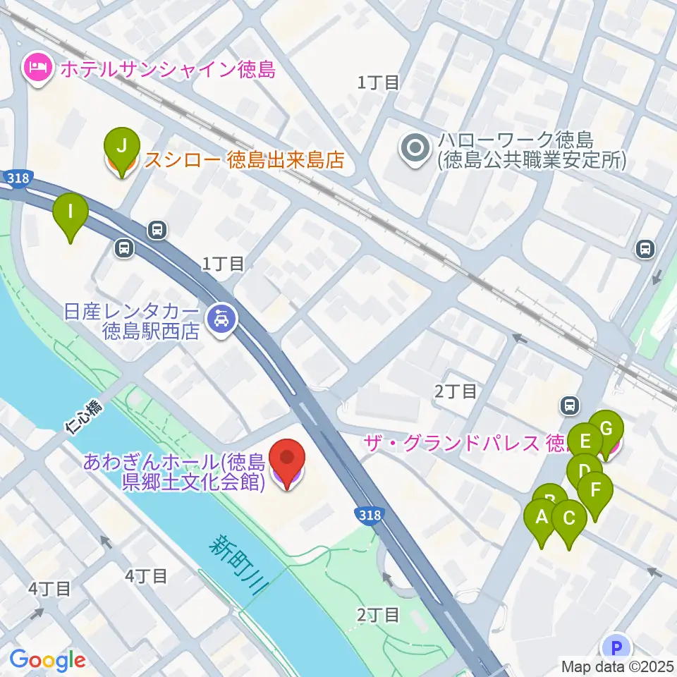 あわぎんホール周辺のファミレス・ファーストフード一覧地図