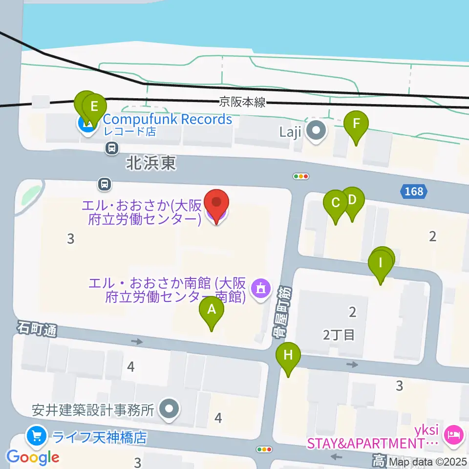 エル・おおさか 大阪府立労働センター周辺のファミレス・ファーストフード一覧地図