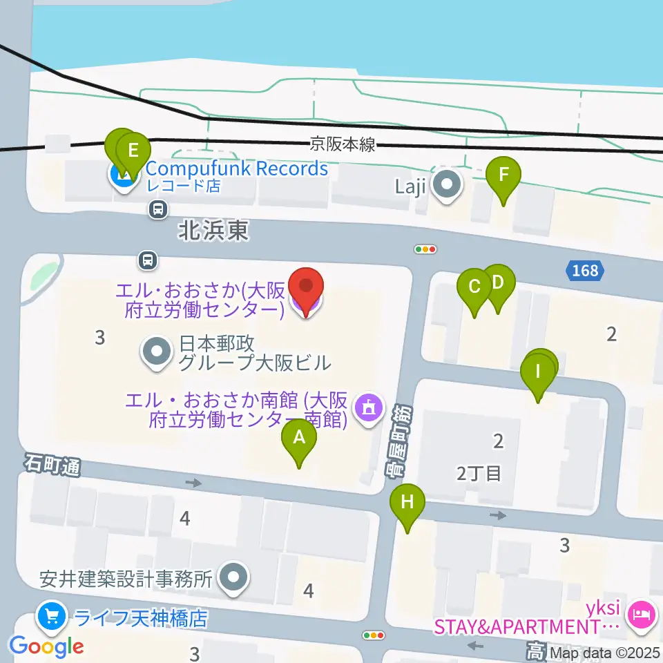 エル・おおさか 大阪府立労働センター周辺のファミレス・ファーストフード一覧地図