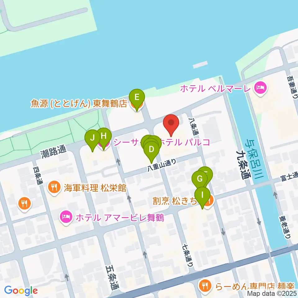 舞鶴市商工観光センターまいづるベイプラザ周辺のファミレス・ファーストフード一覧地図