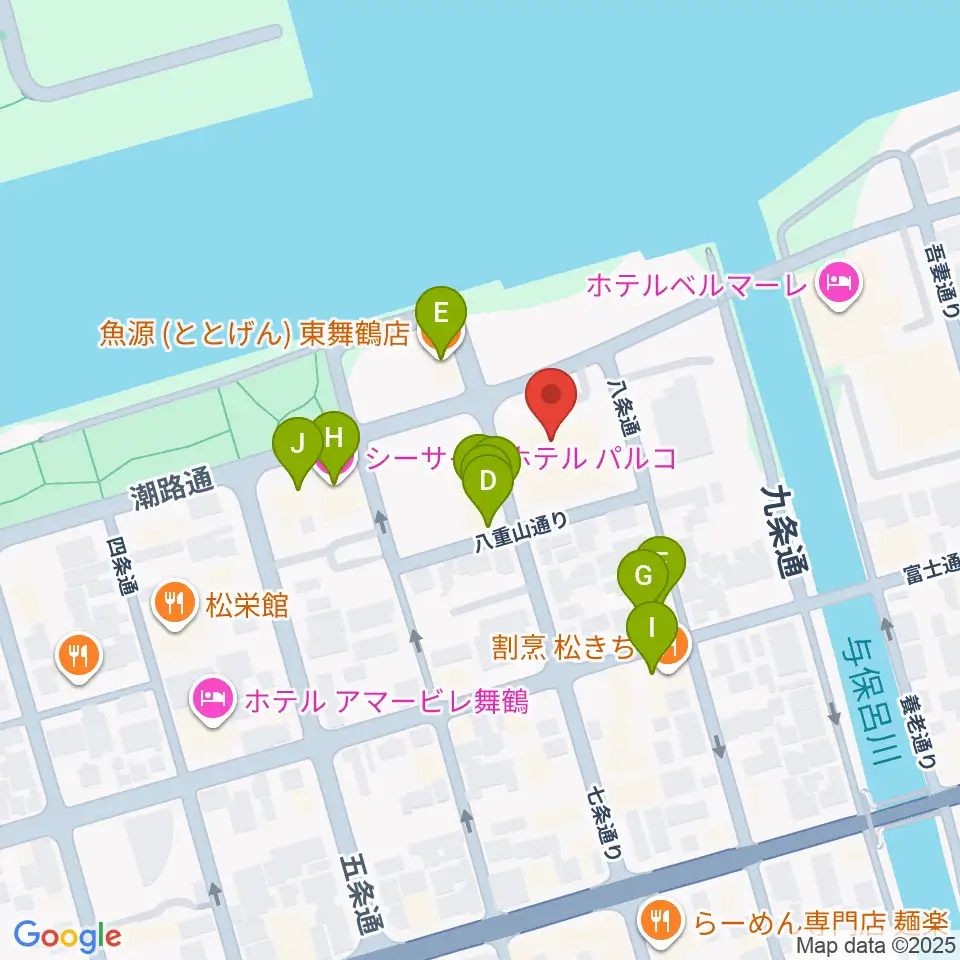 舞鶴市商工観光センターまいづるベイプラザ周辺のファミレス・ファーストフード一覧地図