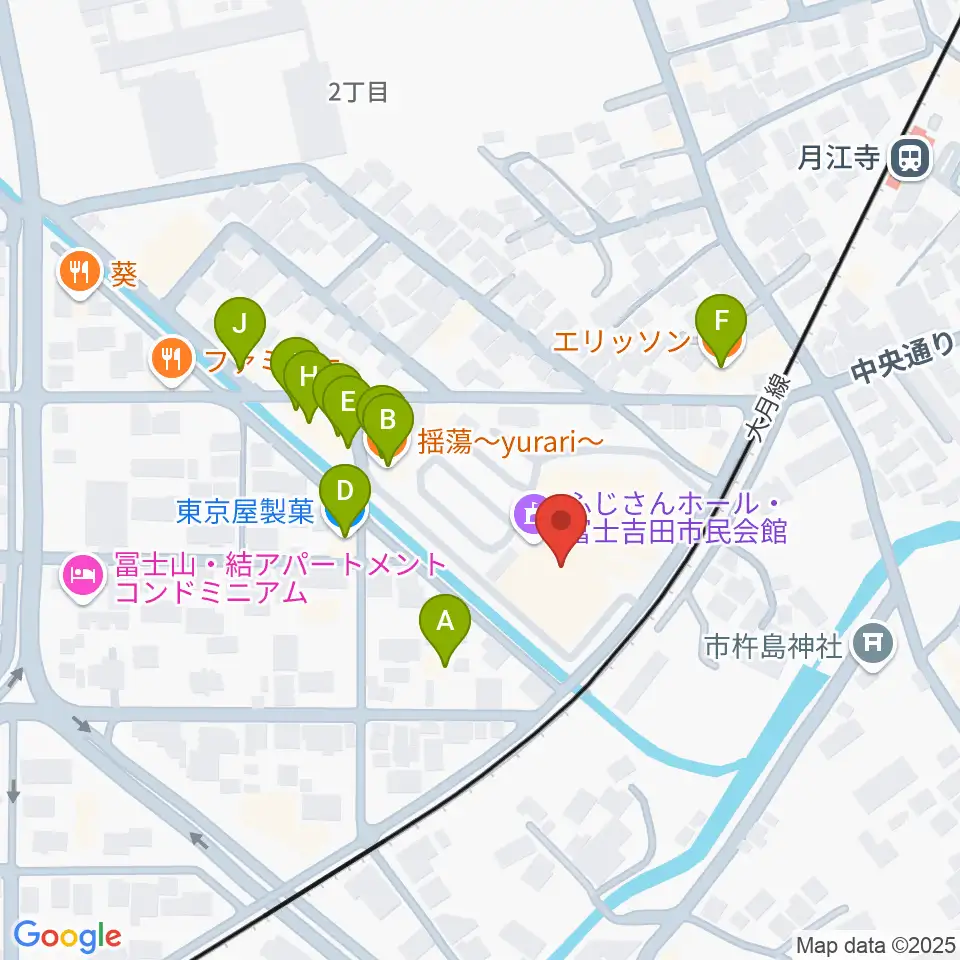 ふじさんホール・富士吉田市民会館周辺のファミレス・ファーストフード一覧地図