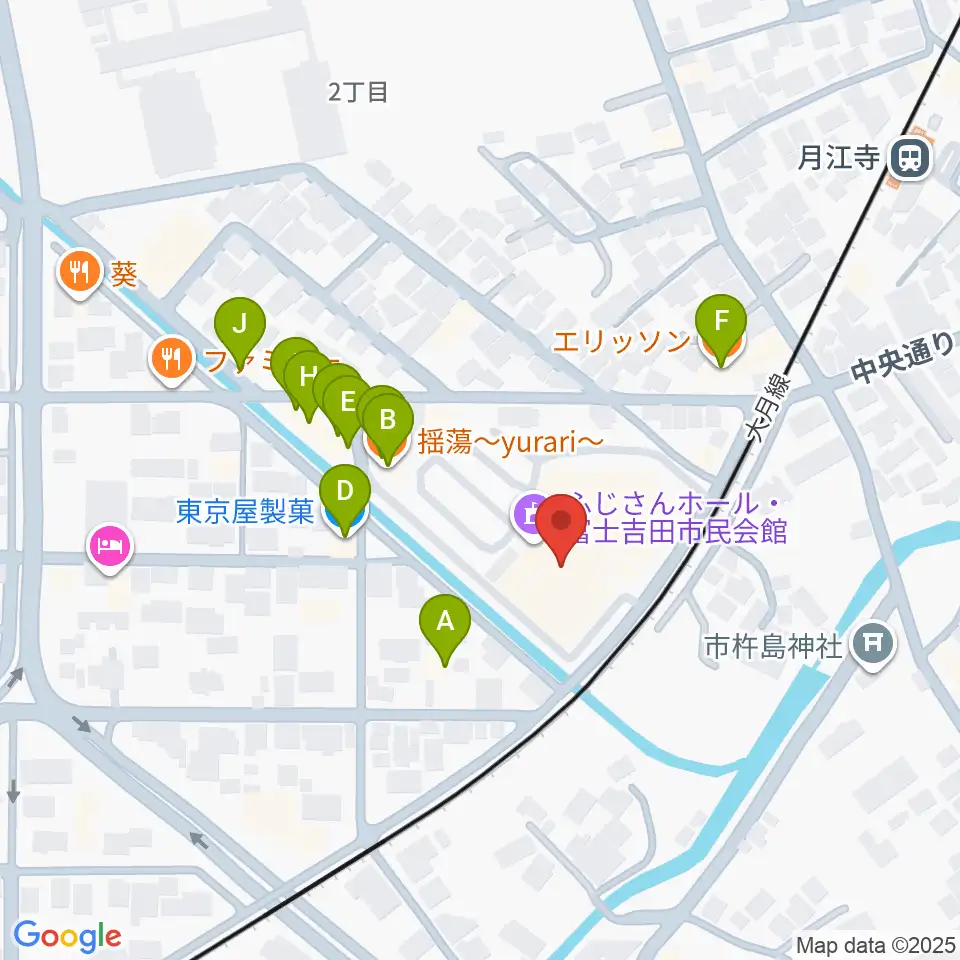 ふじさんホール・富士吉田市民会館周辺のファミレス・ファーストフード一覧地図