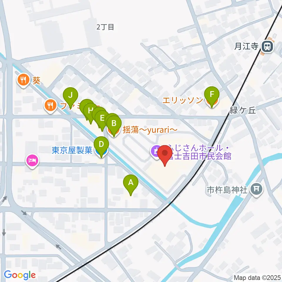 ふじさんホール・富士吉田市民会館周辺のファミレス・ファーストフード一覧地図