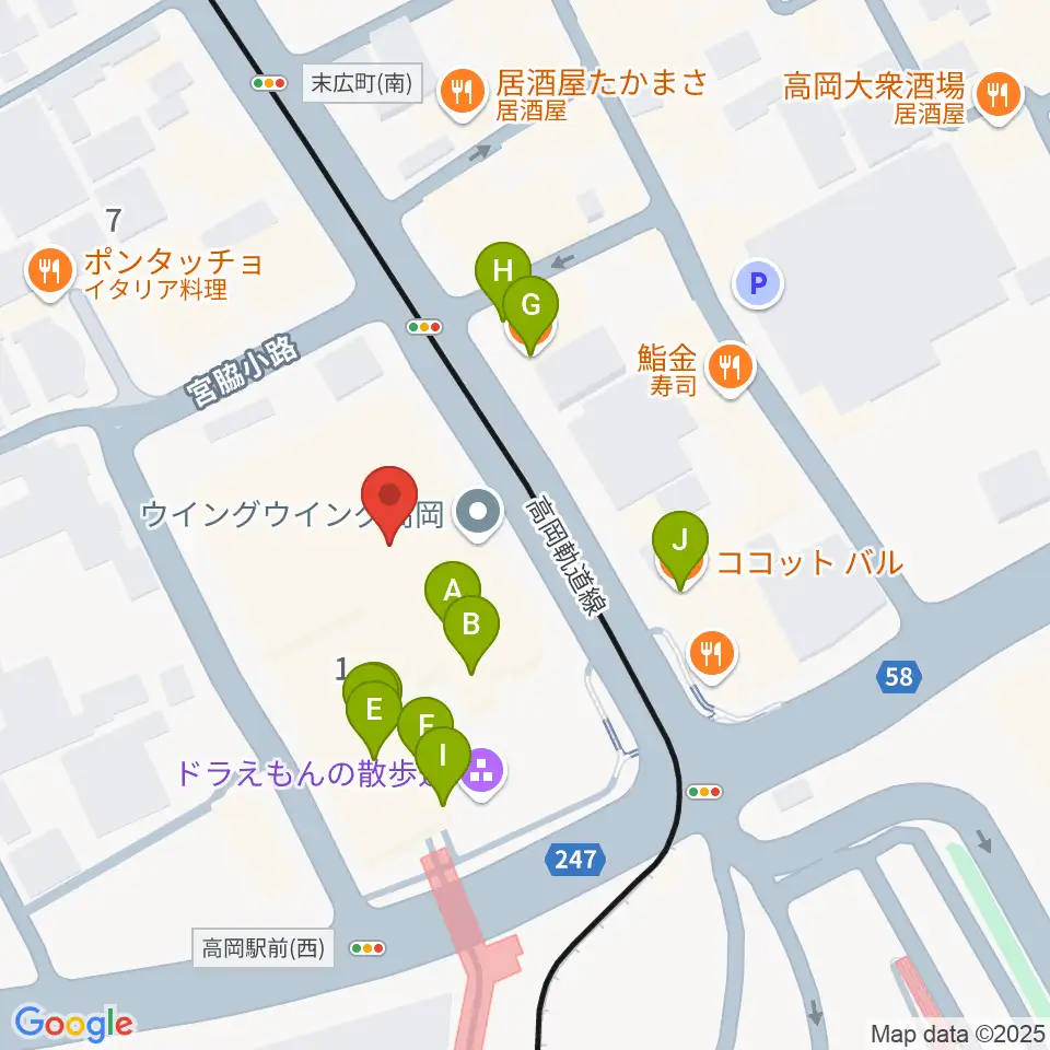 高岡市生涯学習センター周辺のファミレス・ファーストフード一覧地図