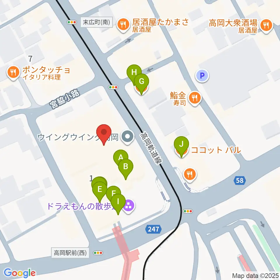 高岡市生涯学習センター周辺のファミレス・ファーストフード一覧地図