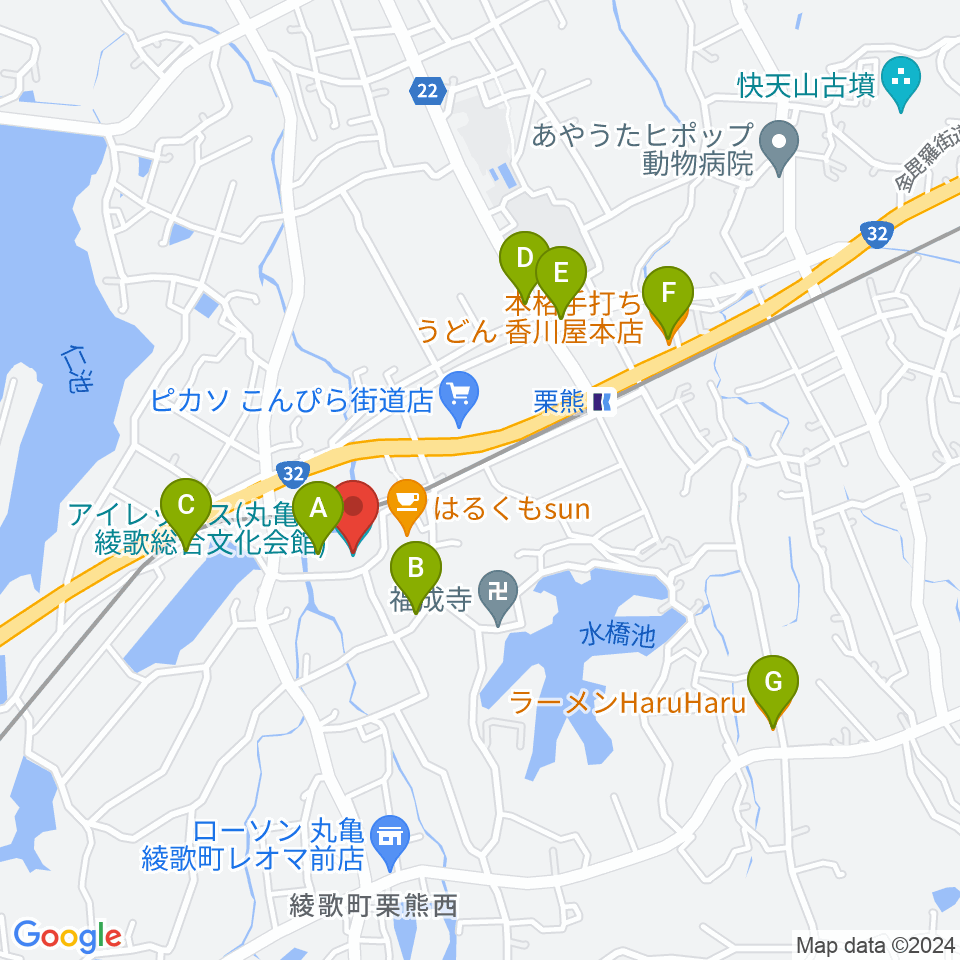 丸亀市綾歌総合文化会館アイレックス周辺のファミレス・ファーストフード一覧地図