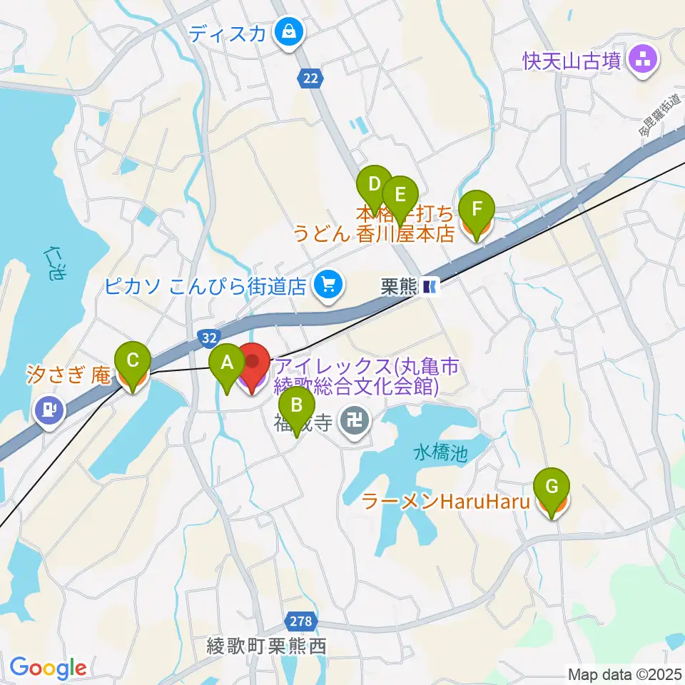 丸亀市綾歌総合文化会館アイレックス周辺のファミレス・ファーストフード一覧地図