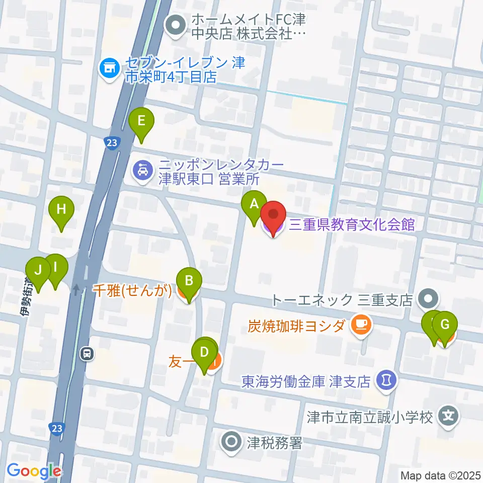 三重県教育文化会館周辺のファミレス・ファーストフード一覧地図