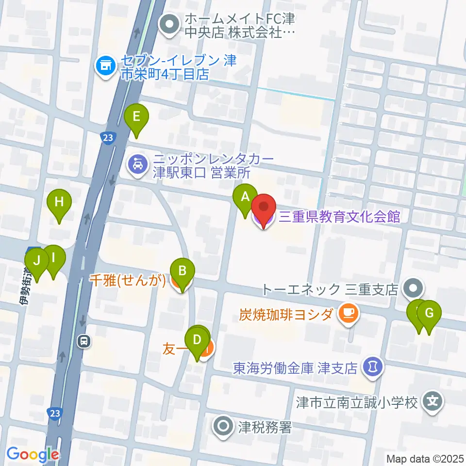 三重県教育文化会館周辺のファミレス・ファーストフード一覧地図